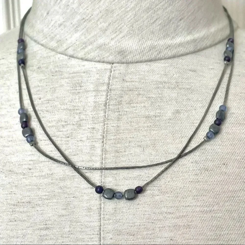 Grey double strand dainty beaded necklace